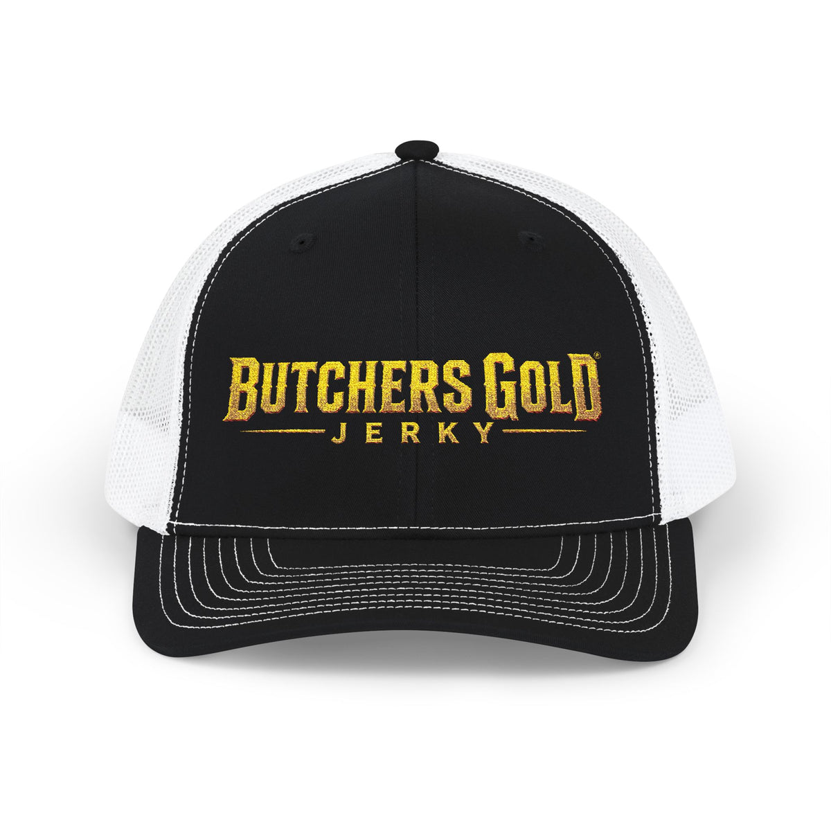 Butchers Gold Jerky Snapback Trucker Hat — Vintage Gold Logo Mesh Cap