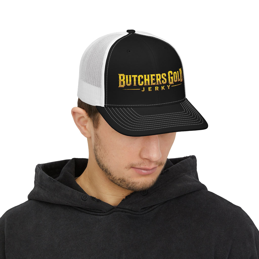 Butchers Gold Jerky Snapback Trucker Hat — Vintage Gold Logo Mesh Cap