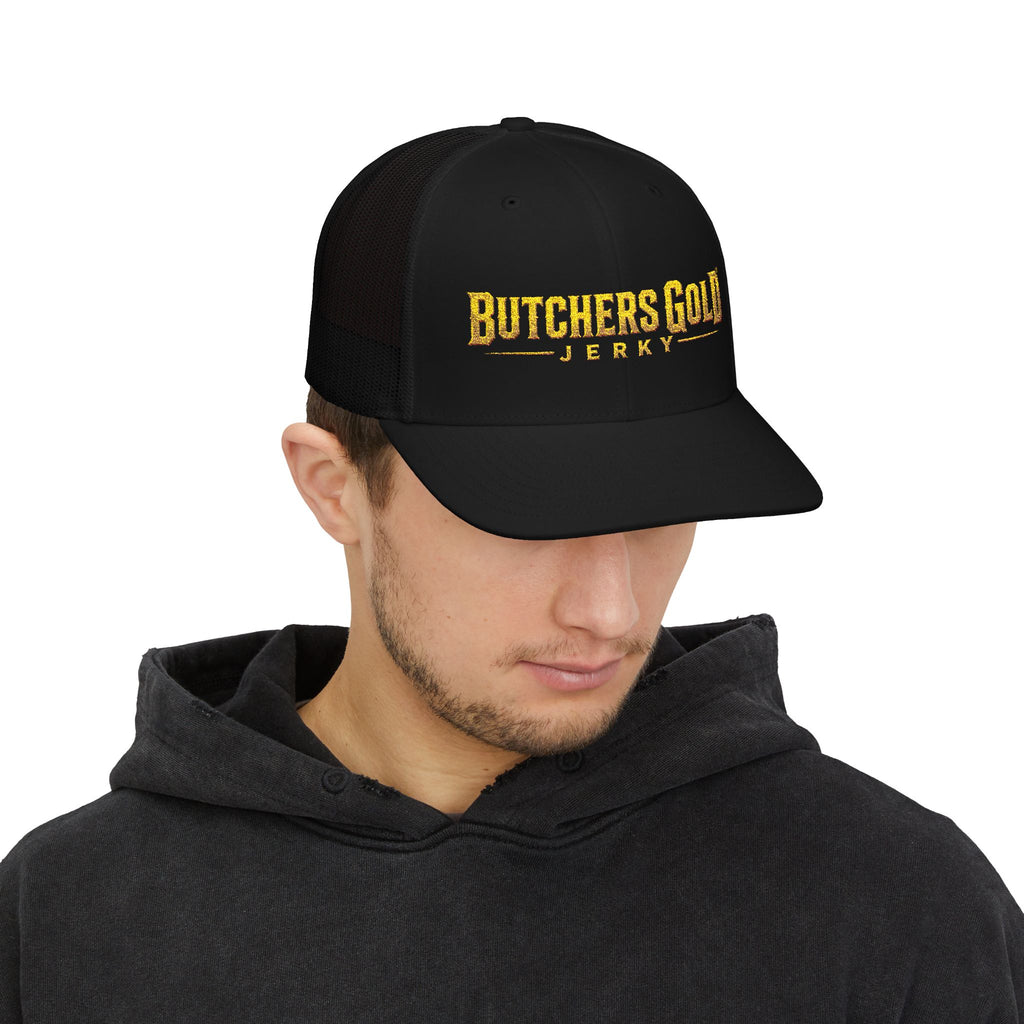 Butchers Gold Jerky Snapback Trucker Hat — Vintage Gold Logo Mesh Cap