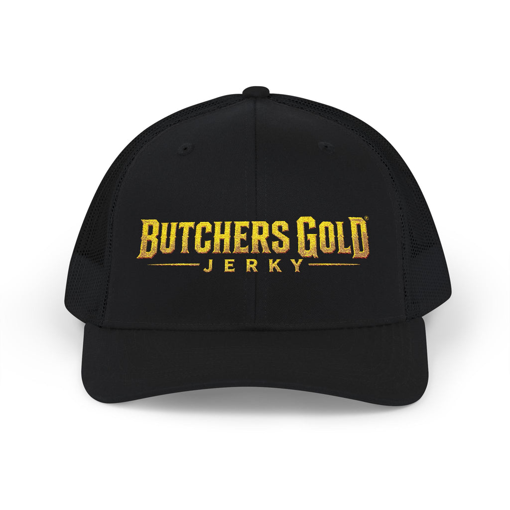 Butchers Gold Jerky Snapback Trucker Hat — Vintage Gold Logo Mesh Cap