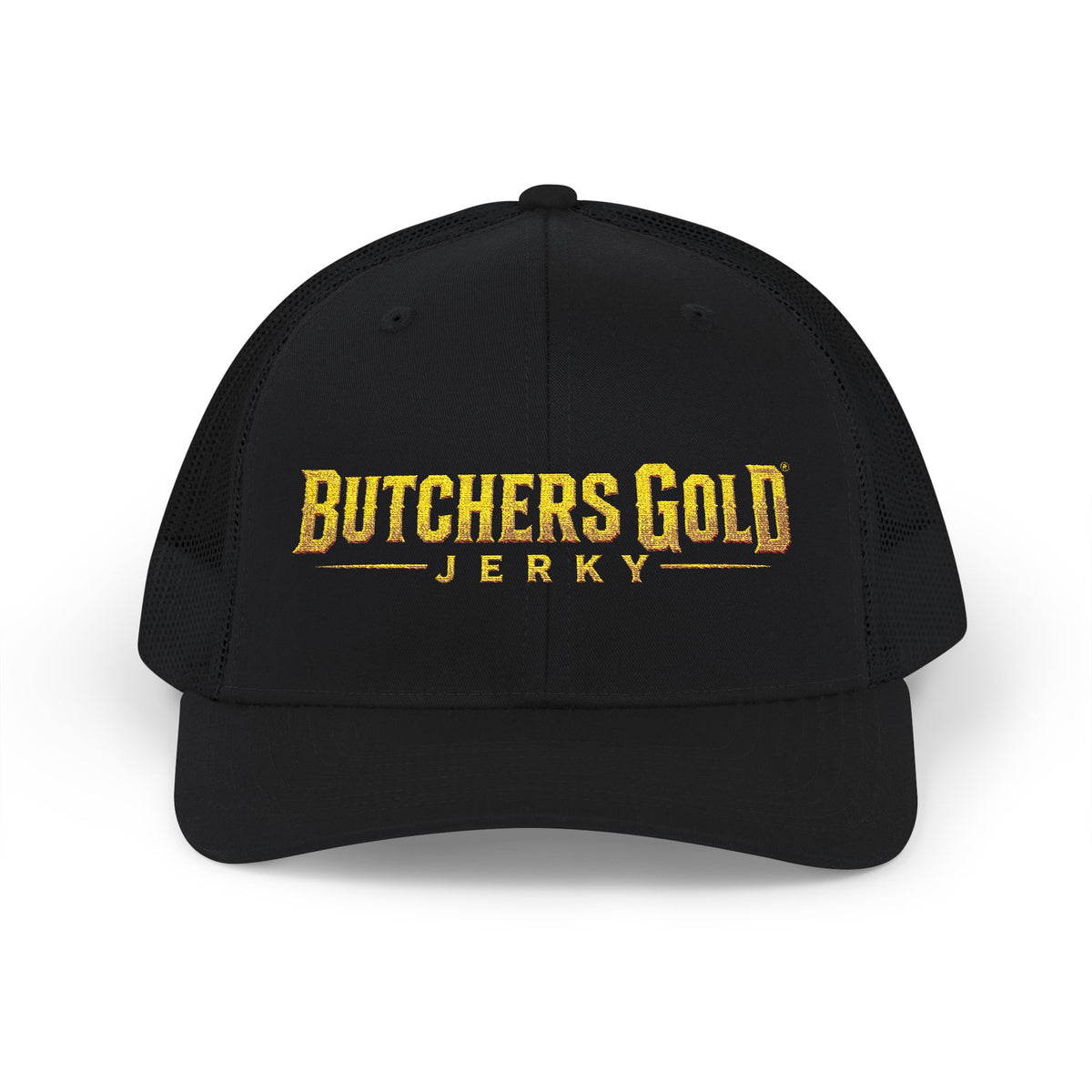 Butchers Gold Jerky Snapback Trucker Hat — Vintage Gold Logo Mesh Cap
